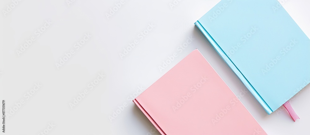 Poster copy space image featuring two pink and blue notebooks arranged neatly on a white surface for adding