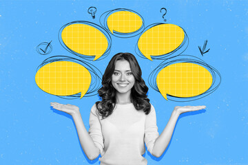 Composite photo collage of happy girl communication bubble checkmark light bulb question...