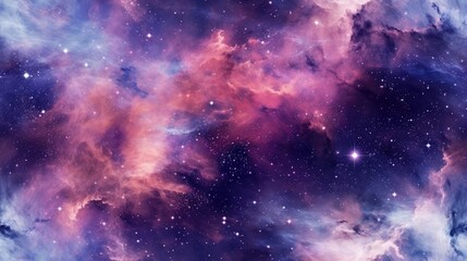 Seamless outer space background. Seamless repeated pattern of beautiful colorful nebula, starry sky night universe. Generative AI