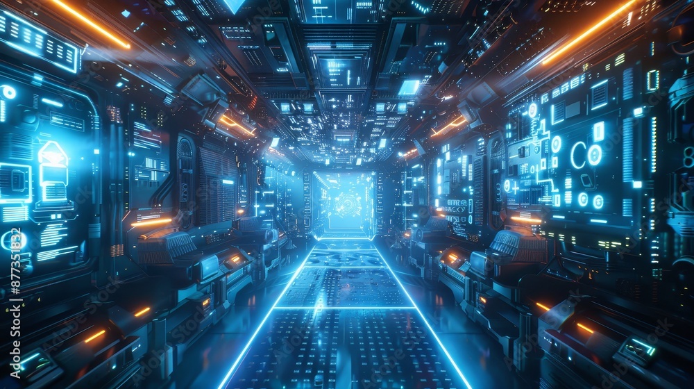 Poster an abstract futuristic background with a sci-fi frame and glowing blue technology