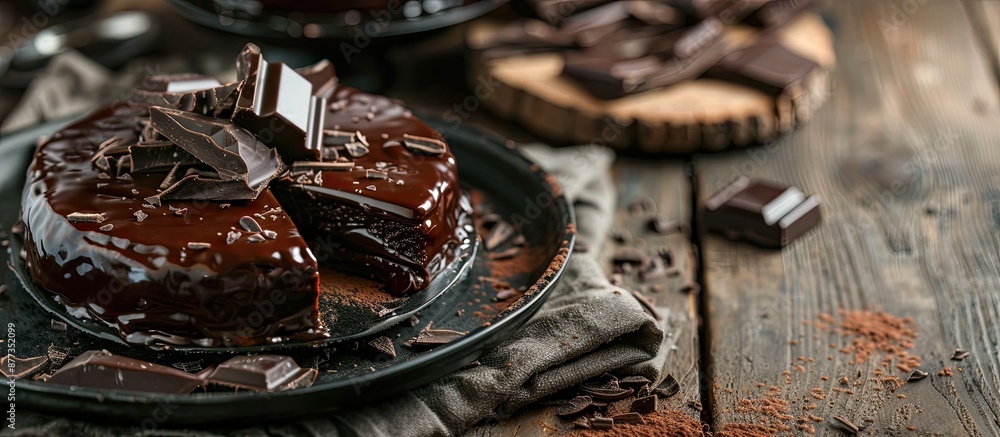 Poster decadent chocolate dessert displayed on a rustic table with a clear background for copy space image