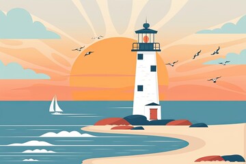Serene Coastal Vacation Escape - Flat Design Lighthouse with Clean Lines and Bright Colors for Advertising Campaigns
