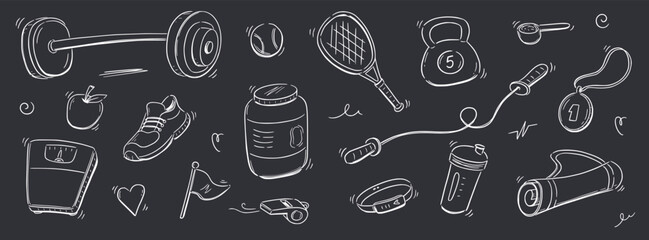 Sport gym sketch health icon set. Hand drawn sketch doodle healthy sport, gym fit exercise equipment icon.Doodle hand drawn tennis ball, bottle, dumbbell fit equipment. Vector illustration.