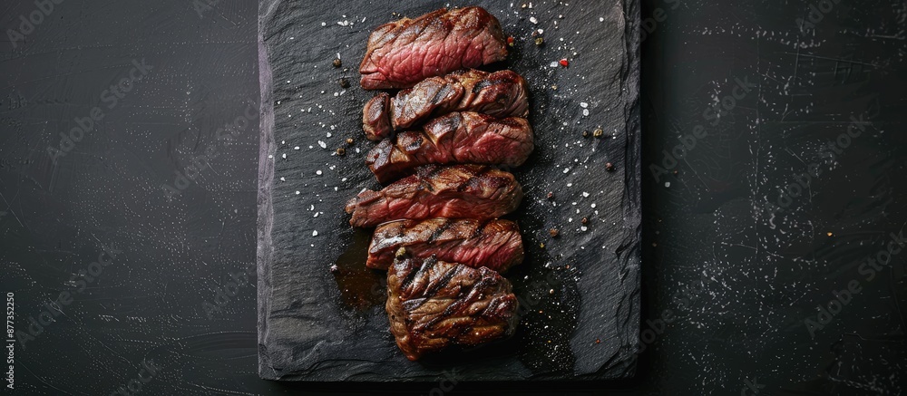 Poster top down view of a grilled ramp cap steak presented on a stone cutting board against a black backgro