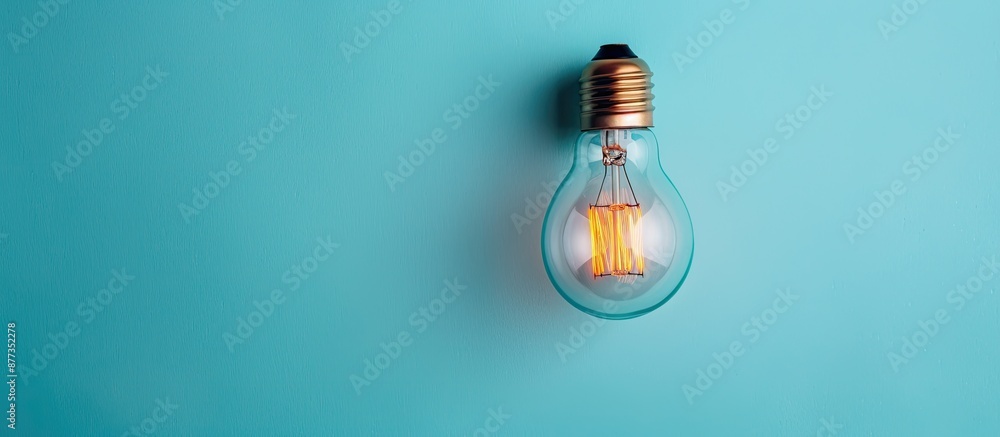 Poster flat lay featuring an edison lamp at the center of an isolated blue background with copy space image