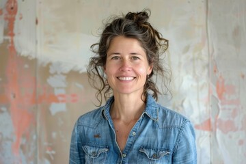 Fototapeta premium Portrait of a smiling woman in her 30s sporting a versatile denim shirt on bare monochromatic room