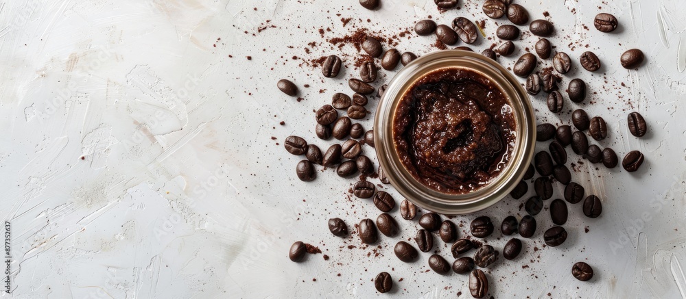 Poster jar with body scrub and coffee beans on a light background with empty space for text or images copy 