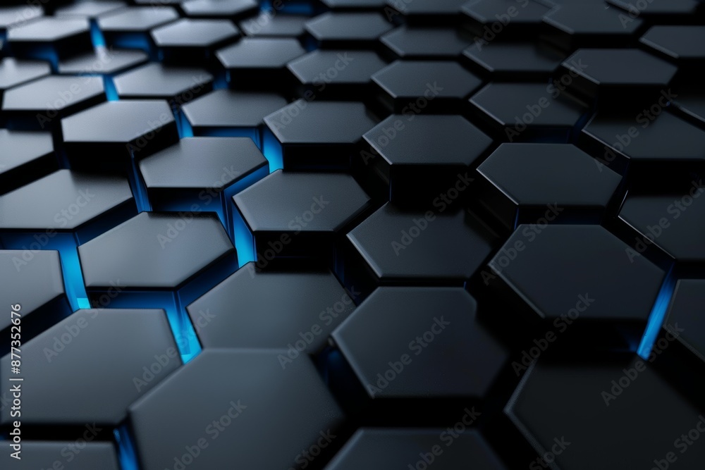 Poster 3d illustrations of hexagonal black shapes on a futuristic backdrop with blue edges. abstract backgr