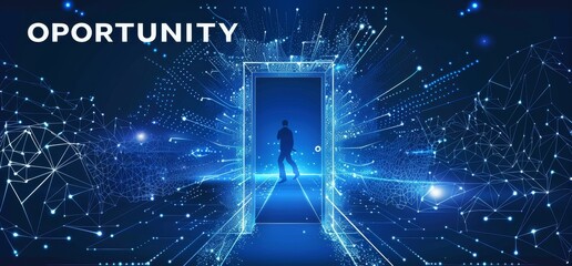 Futuristic concept of a person stepping through a digital doorway into the future