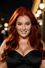 A portrait of a woman with red hair wearing a black strapless top.