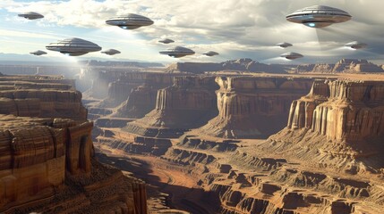 In Canyonlands, Utah, USA, a fleet of alien spaceships hovers above the Grand Canyon for futuristic, fantasy, or interstellar travel or war game backgrounds.