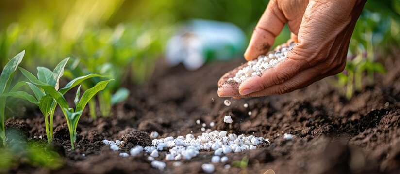 A woman farmer s hand holds white fertilizer granules over soil with a fertilizer package in the background ideal for copy space image