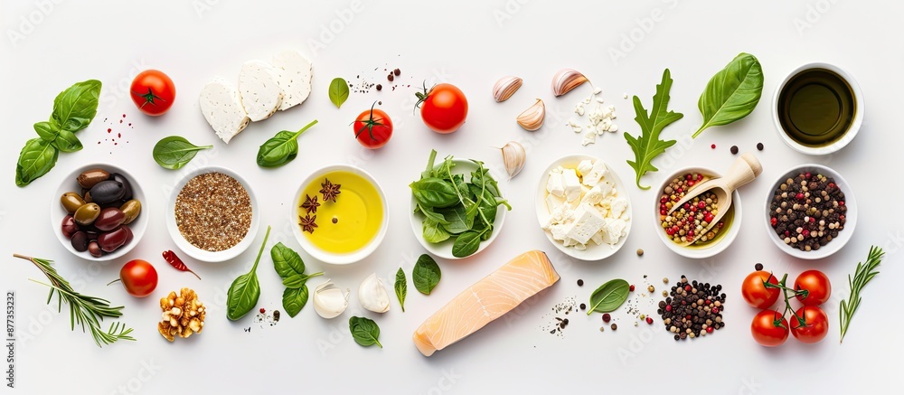 Poster variety of fresh items displayed in a top view copy space image on a white background providing esse