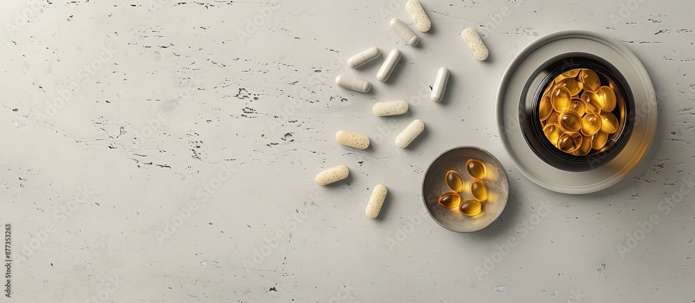 Poster top view of a bottle and vitamin capsules on a light grey background with a designated area for text