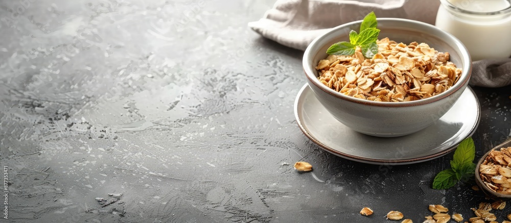 Aufkleber stone table backdrop with a saucer holding dry muesli emphasizing a healthy breakfast concept with a