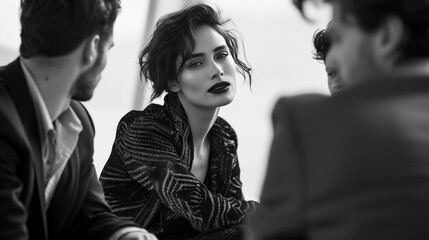 A woman with a red lip and a man and a woman sitting around her