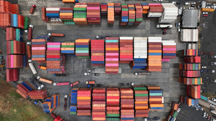 Container stacking at freight and logistic area, Ariel view 