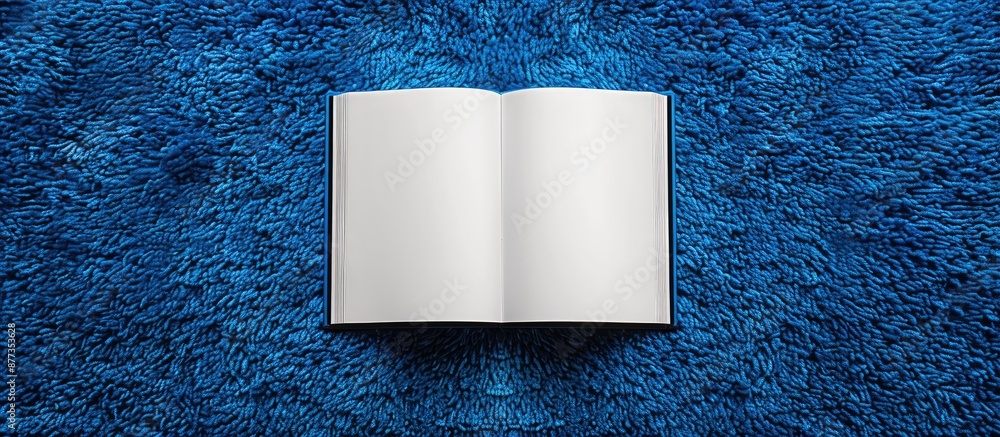 Poster white paper with open book on blue carpet background featuring symmetry and copy space image