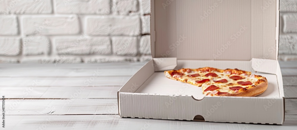 Poster close up image of a white cardboard pizza box with copy space image