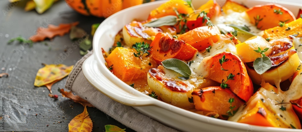 Poster close up of a plate of baked vegetables with pumpkin and cheese with ample copy space for text or gr