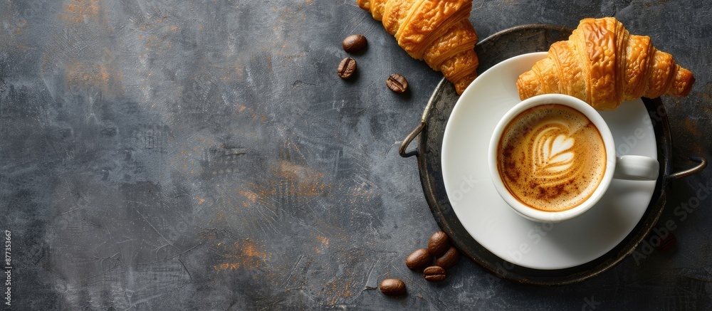 Poster top view of a white cup of espresso surrounded by two croissants placed on a rustic iron surface aga