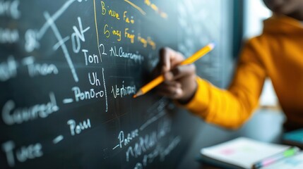 Close-up of a hand writing on a blackboard with math equations.