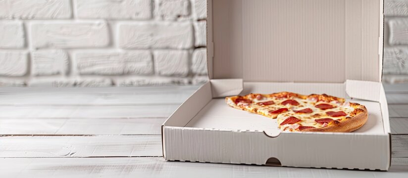 Close up image of a white cardboard pizza box with copy space image