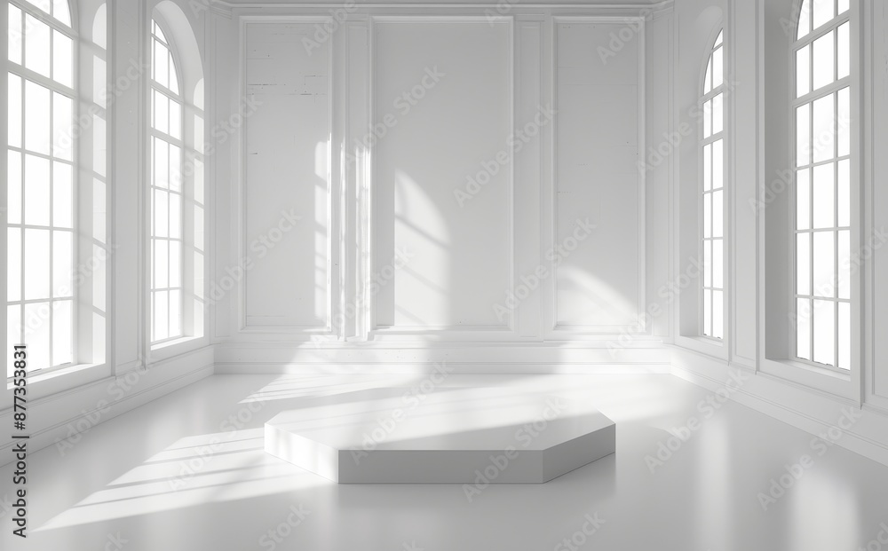Aufkleber an empty room with a podium and windows for presentation. illustration in 3d.