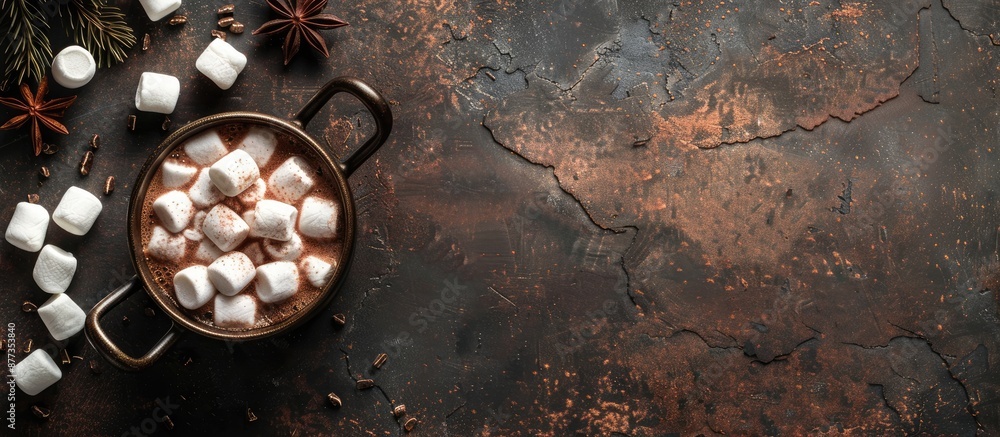 Poster an iron mug filled with hot chocolate topped with marshmallows displayed on a dark rustic surface wi