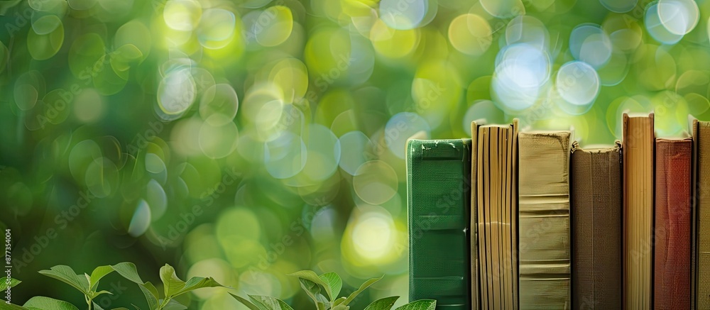 Aufkleber various books displayed against a blurred green backdrop with room for text on a copy space image