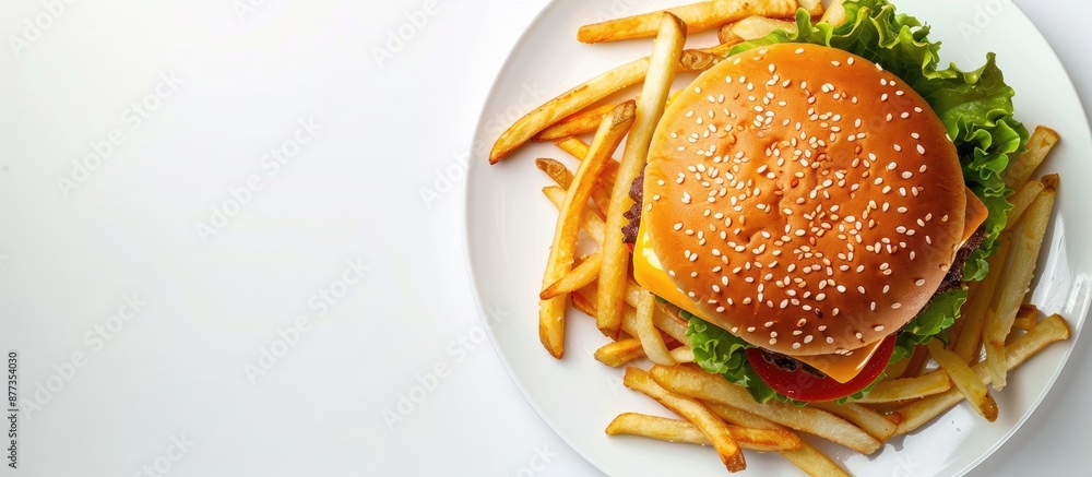 Aufkleber top view of a tasty american cheeseburger with french fries on a white plate set against a white bac
