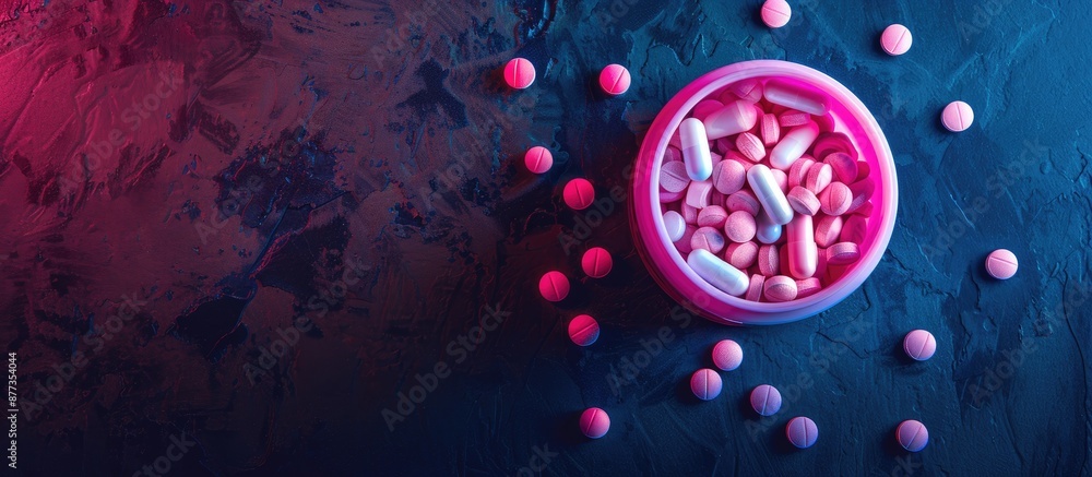 Poster macro photograph of a pink pillbox filled with capsules and tablets set on a dark surface representi
