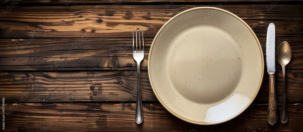 Aufkleber table setting featuring an empty plate with cutlery on a wooden table ready for a meal with a design