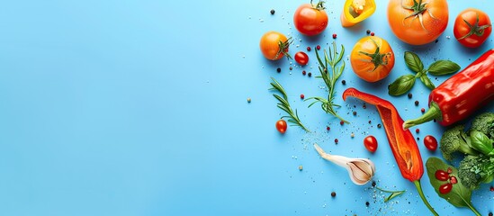 Top down shot of vibrant organic vegetables on blue background with ample copy space image for a fresh and healthy food theme