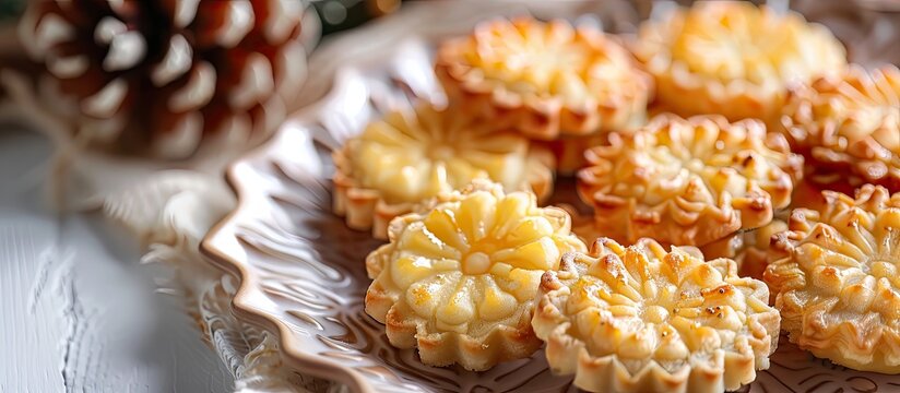Selective focus on a popular Malaysian cookie the Pineapple Tart or Tart Nenas often enjoyed during Eid Mubarak Hari Raya with copy space image