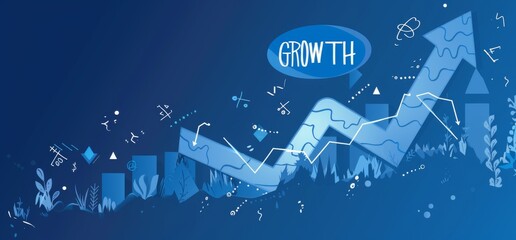 Abstract blue background showing growth arrow with percentage and bar chart elements