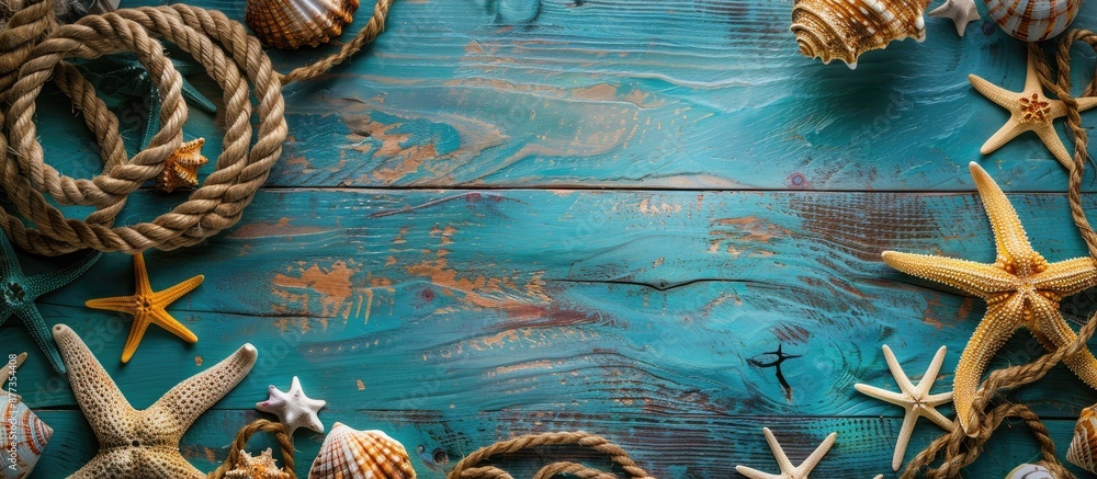 Poster blue textured background adorned with seaside themed decorations focus on the subject with copy spac