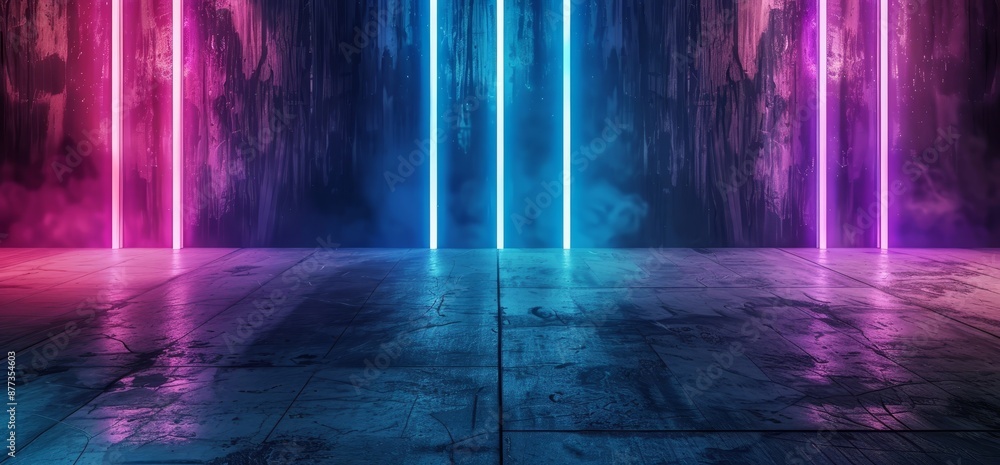 Poster the futuristic sci-fi abstract illustration features blue and purple neon light shapes on a black ba