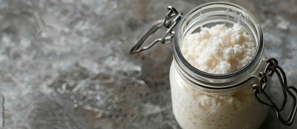 Poster horizontal closeup of an incomplete kefir bottle with copy space image