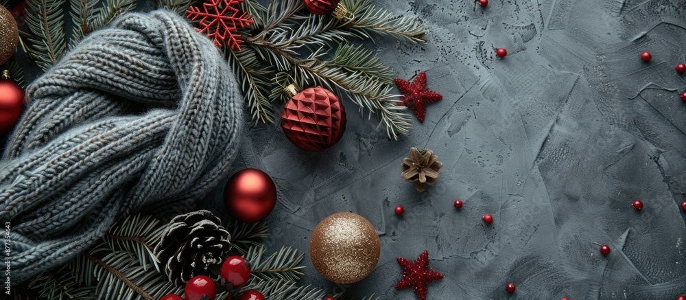 Poster flat lay christmas composition featuring a grey scarf and festive decorations on a background with a