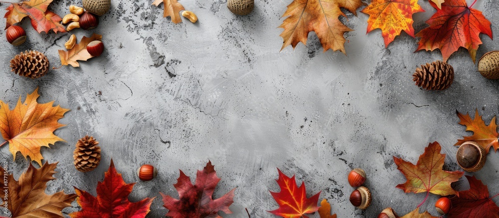 Poster a fall themed border featuring colorful leaves acorns and walnuts on a textured gray concrete backgr