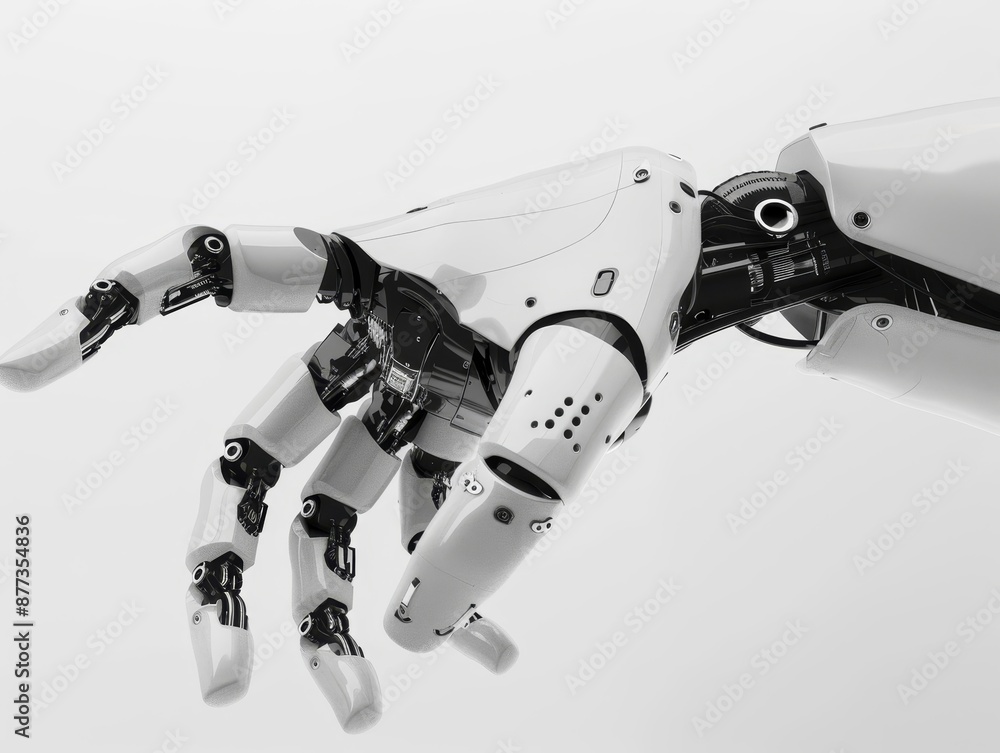Poster detailed rendering of a robotic arm with fingers curled and pointing out.