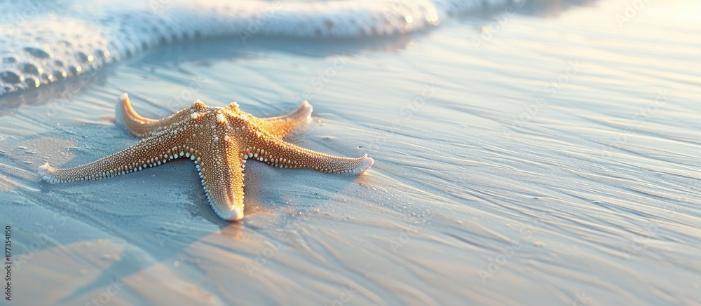 Poster a starfish rests elegantly on the white sandy beach with room for text or other elements in the imag