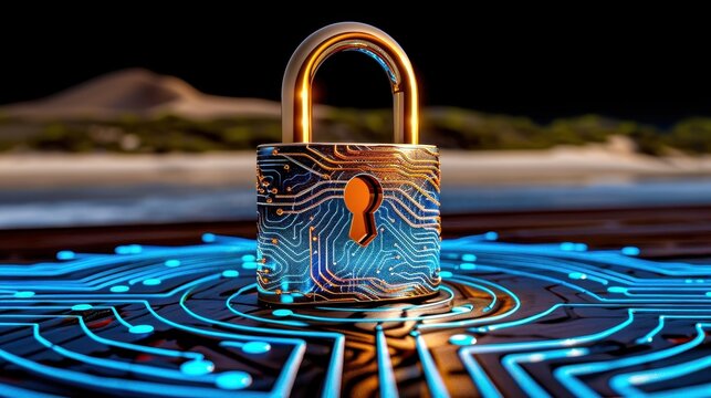 Golden padlock on a futuristic circuit board, symbolizing cybersecurity, data protection, and digital privacy against a blurred background.