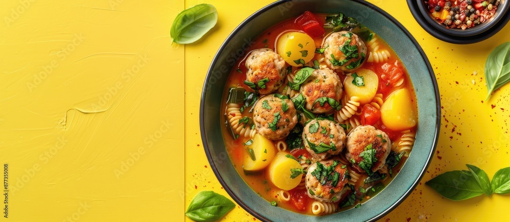 Poster view from above of a bowl with soup featuring chicken meatballs potatoes and pasta set on a yellow b