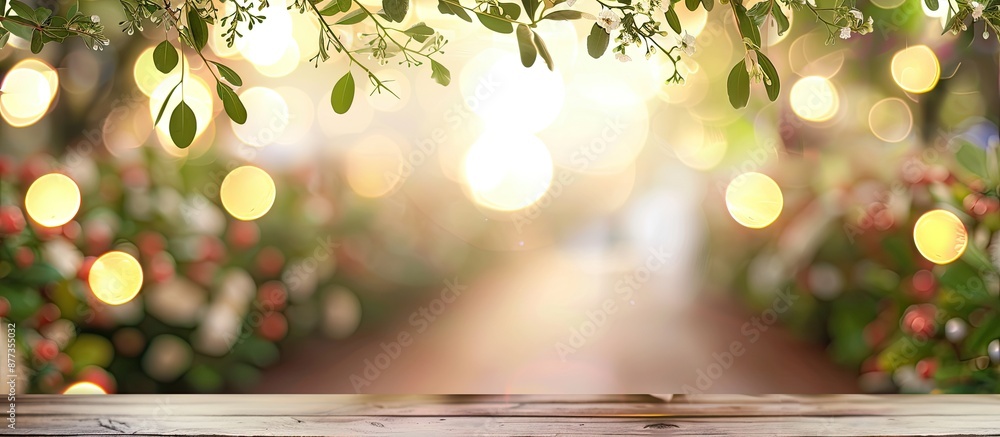 Poster rustic wedding table decorated with green branches on blurred background with copy space image ideal