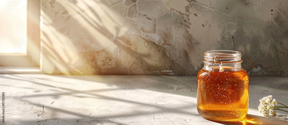 Poster glass jar with aromatic honey on table with light wall in background copy space image
