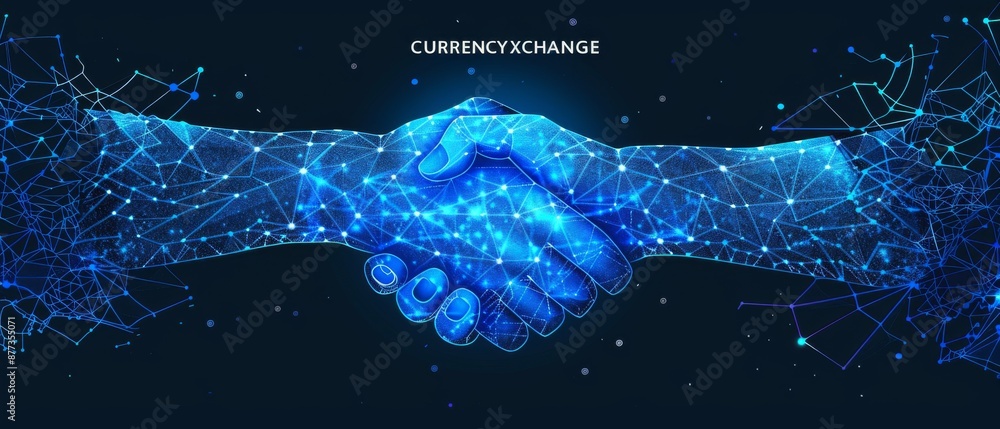 Poster digital handshake representing global network and currency exchange