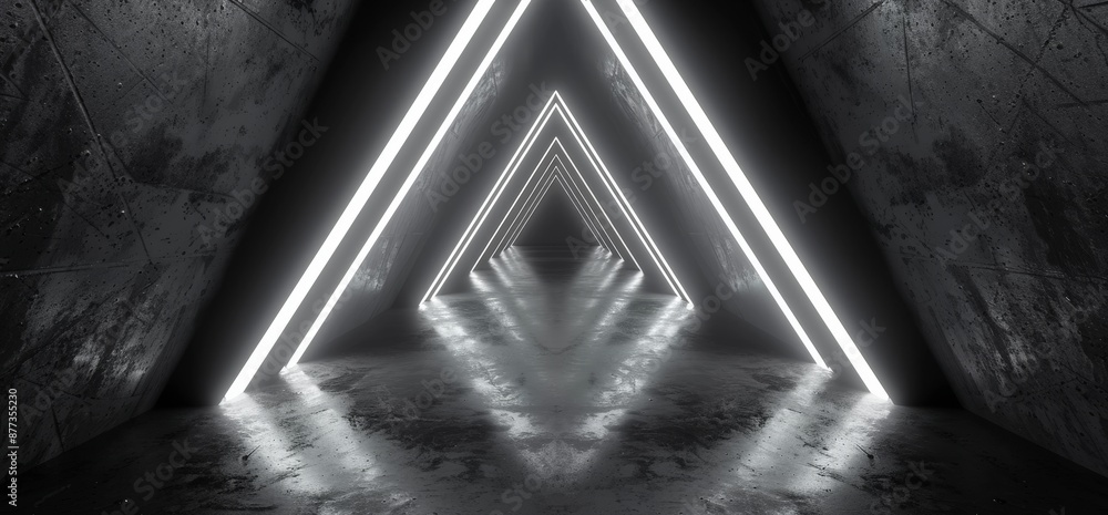 Poster an empty sci-fi futuristic triangle-shaped construction tunnel corridor in 3d.