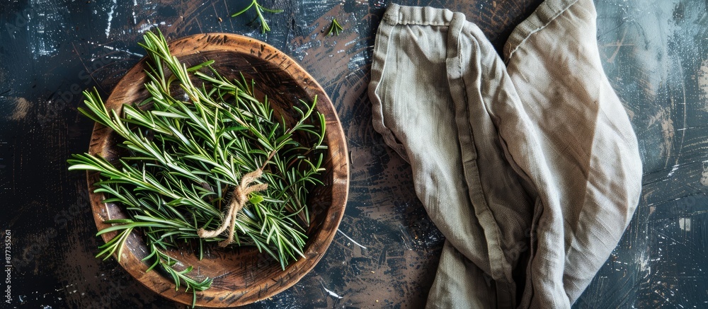 Poster copy space image of a summertime table setting featuring fresh rosemary on a rustic backdrop is avai